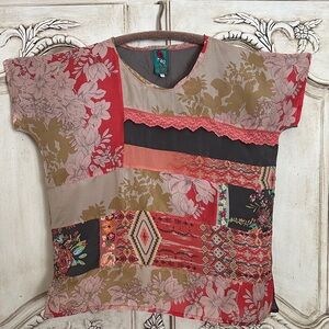 Johnny Was Red and coral and Brown Floral Patchwork Top.